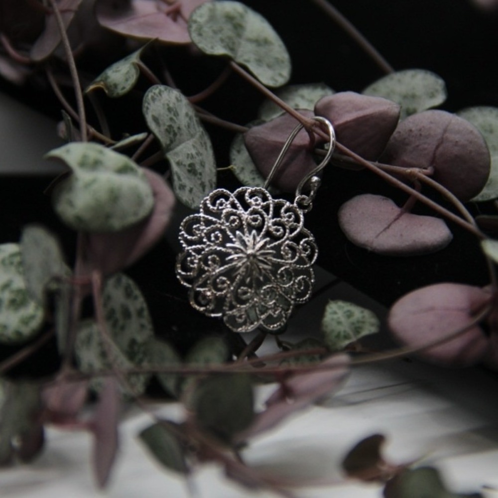 Handmade Filigree 925 Sterling Silver Mandala Dangle Drop Earrings Circular